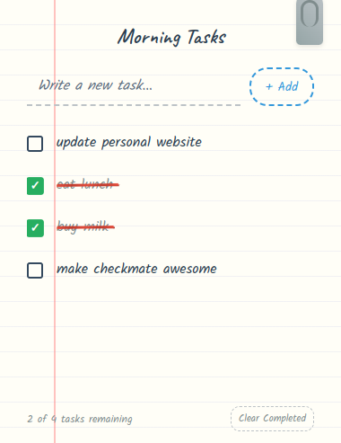 Checkmate task management interface showing 'Morning Tasks' with a list including 'update personal website', completed tasks marked with green checkmarks, and an 'Add' button for new tasks
