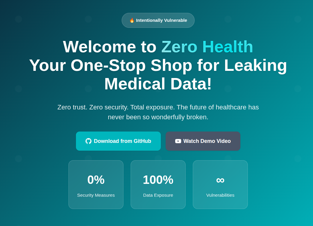 Zero Health application interface with teal background showing 'Intentionally Vulnerable' badge, welcome message about being a one-stop shop for leaking medical data, and statistics showing 0% security measures, 100% data exposure, and infinite vulnerabilities